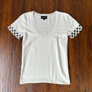 EMPORIO ARMANI Polka Dot Lace-Trim S/S Knit Top Scoop Neck in White
